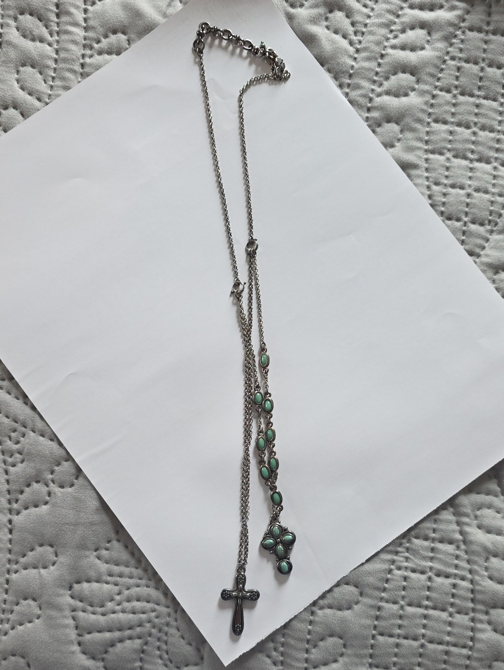 Lucky Brand Silver-Tone Green Stone Cross & Teardrop Pendant Necklace